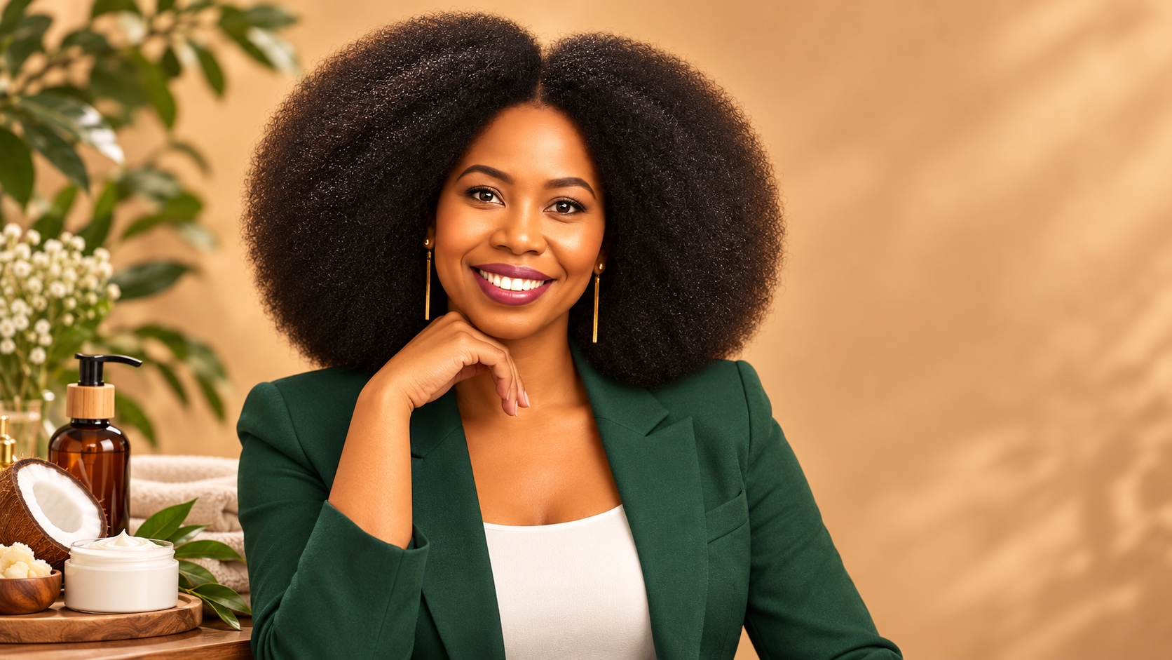 Woman with natural afro hairstyle featured in hair moisturizer article